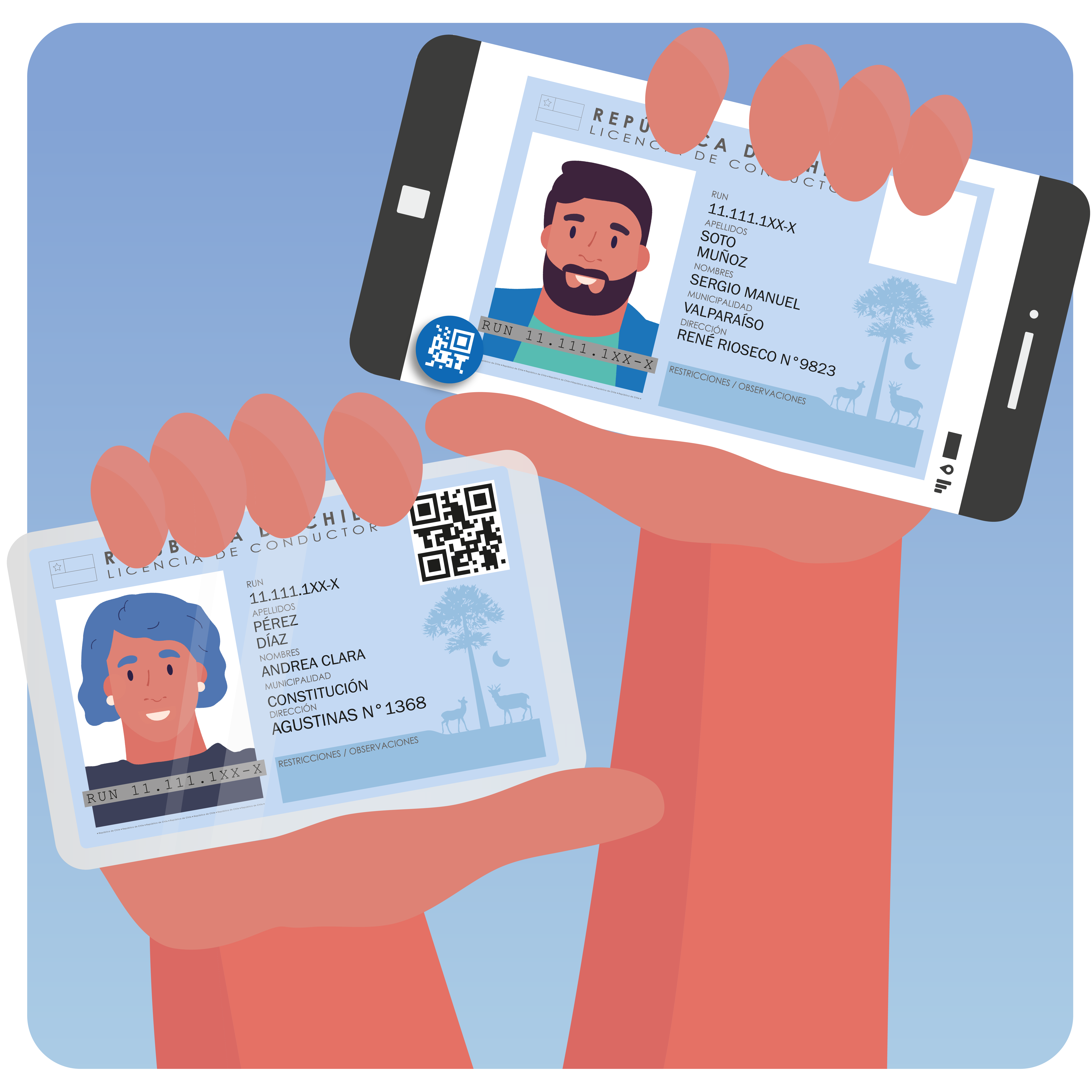 Mano de persona alzando su licencia de conductor física y digital
